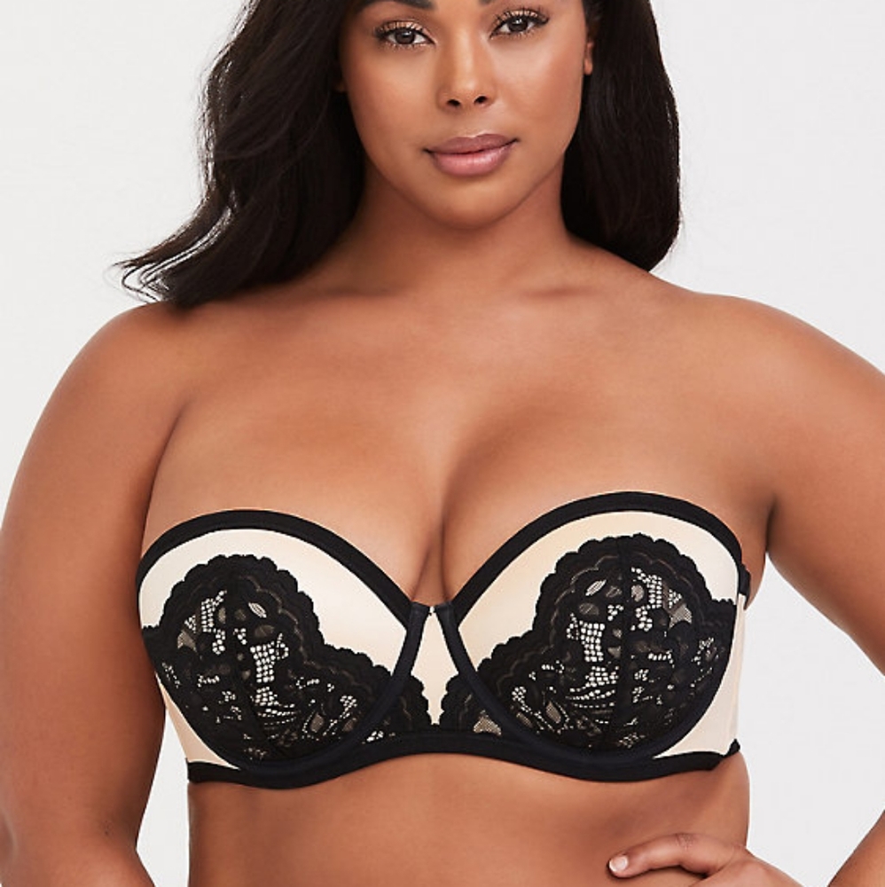 PEACH MICROFIBER & LACE STRAPPY PUSH-UP STRAPLESS